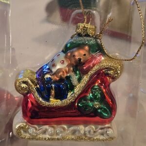 Brass Key Christmas Treasures Blown Glass Ornament Teddy Bear Sleigh Mini w Box